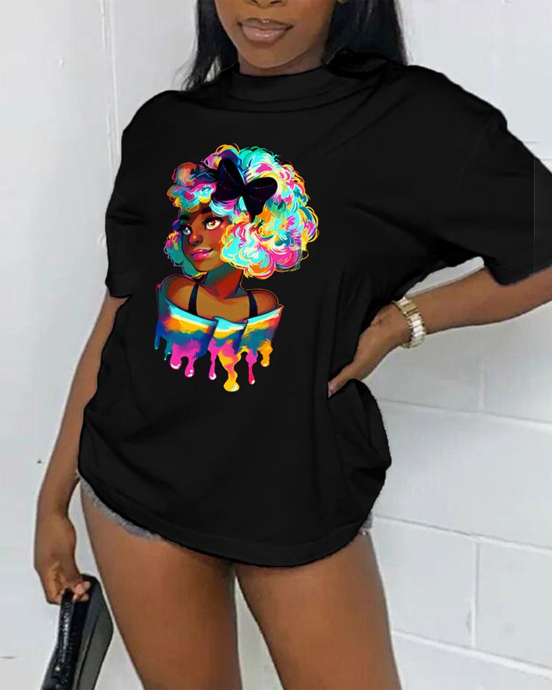 

Figure Print Short Sleeve Casual T-shirt, Black