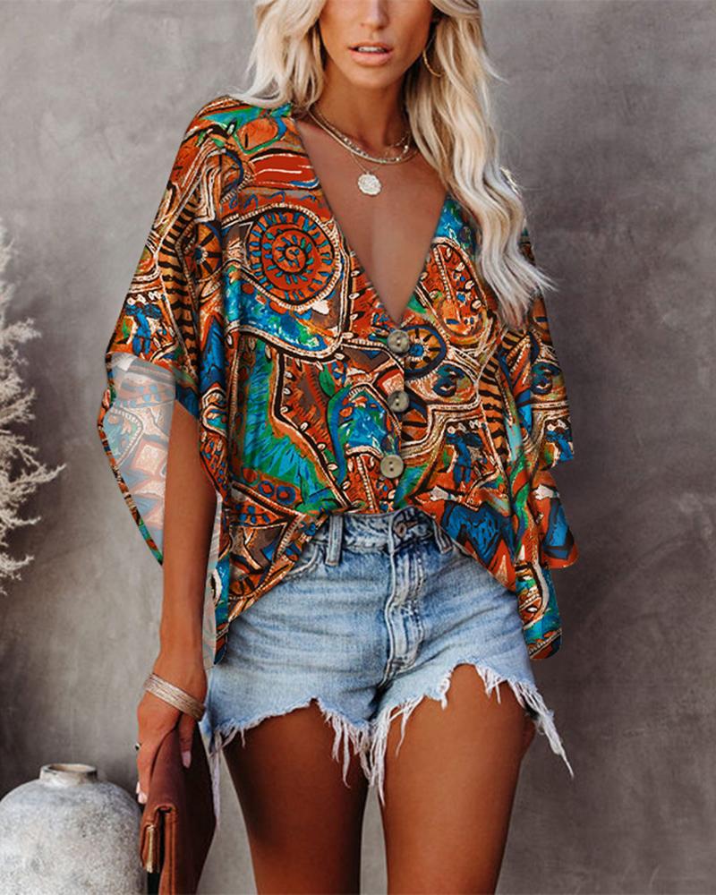 

Tribal Print Batwing Sleeve Button Front Top, Multicolor