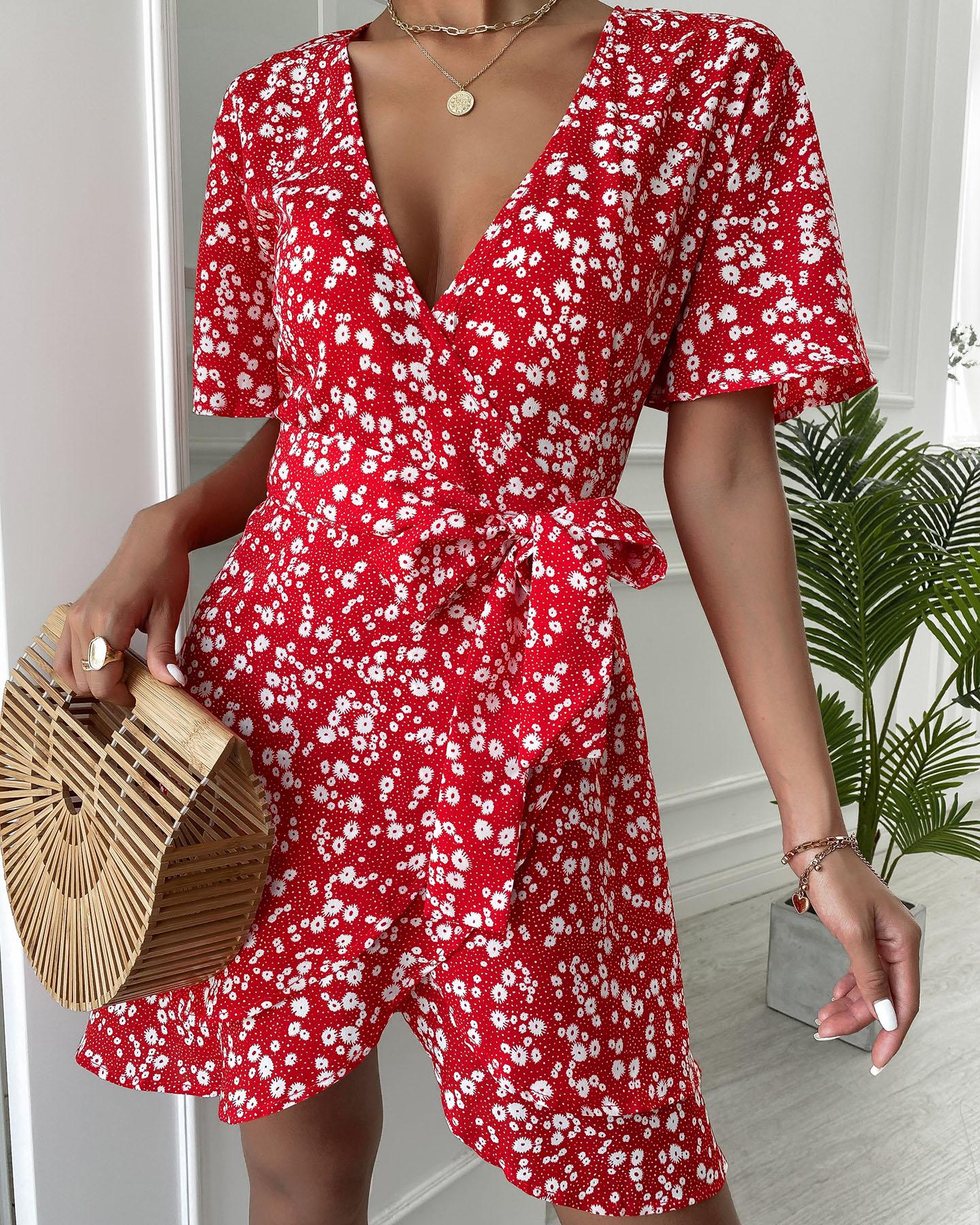 

Sakura Print Tied Detail Wrap Dress, Red