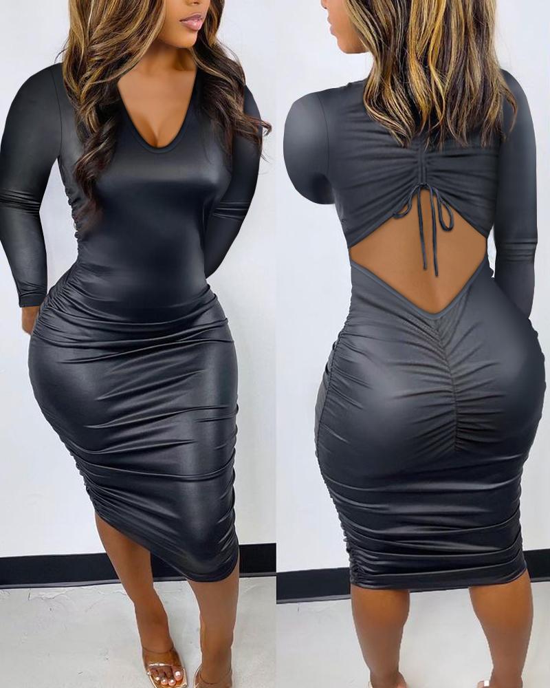 

Cutout Back Drawstring Ruched PU Leather Bodycon Dress, Black