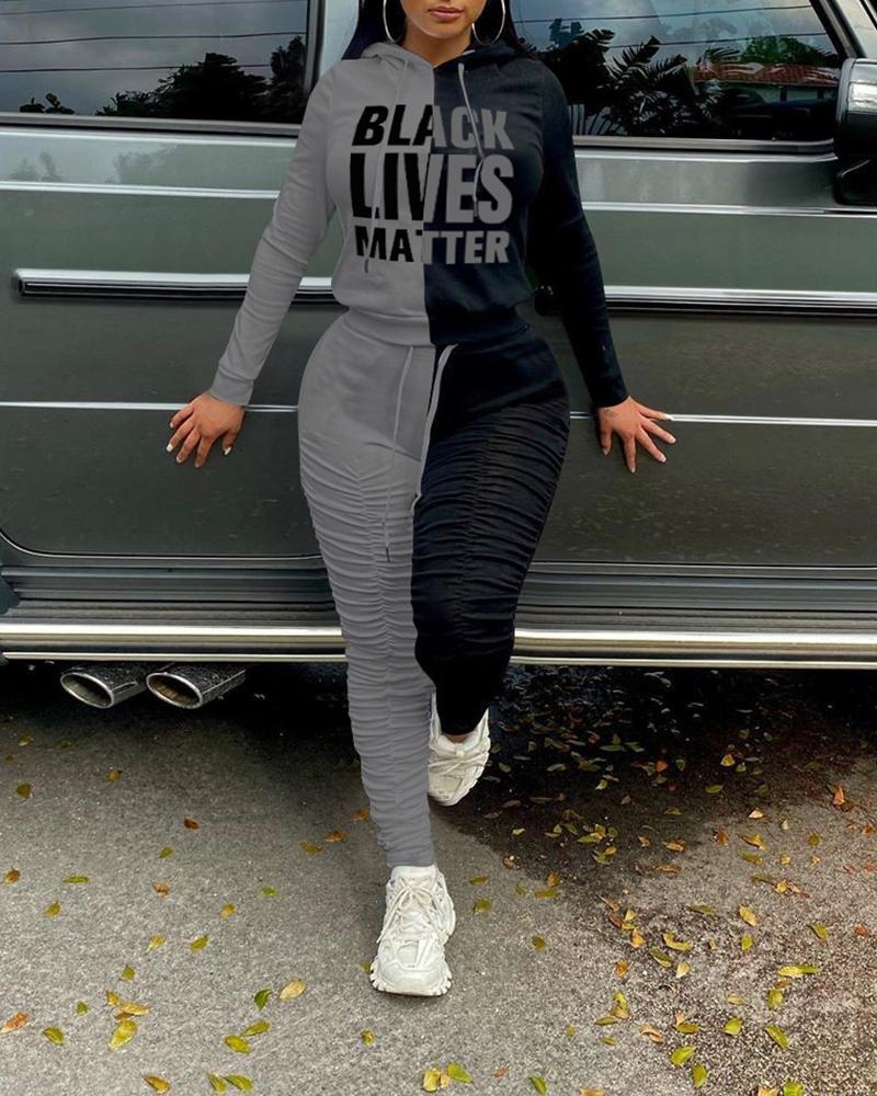 

Colorblock Letter Print Long Sleeve Hoodies Suit Sets, Gray