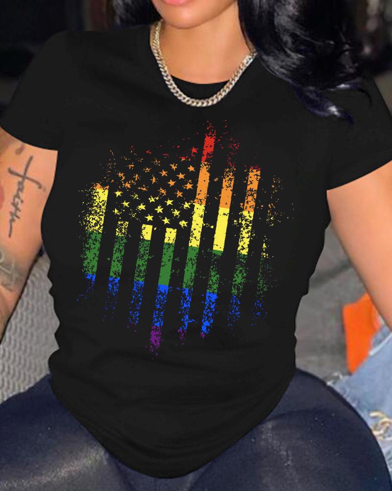 

Independence Day Ombre Flag Print Round Neck T-Shirt, Black