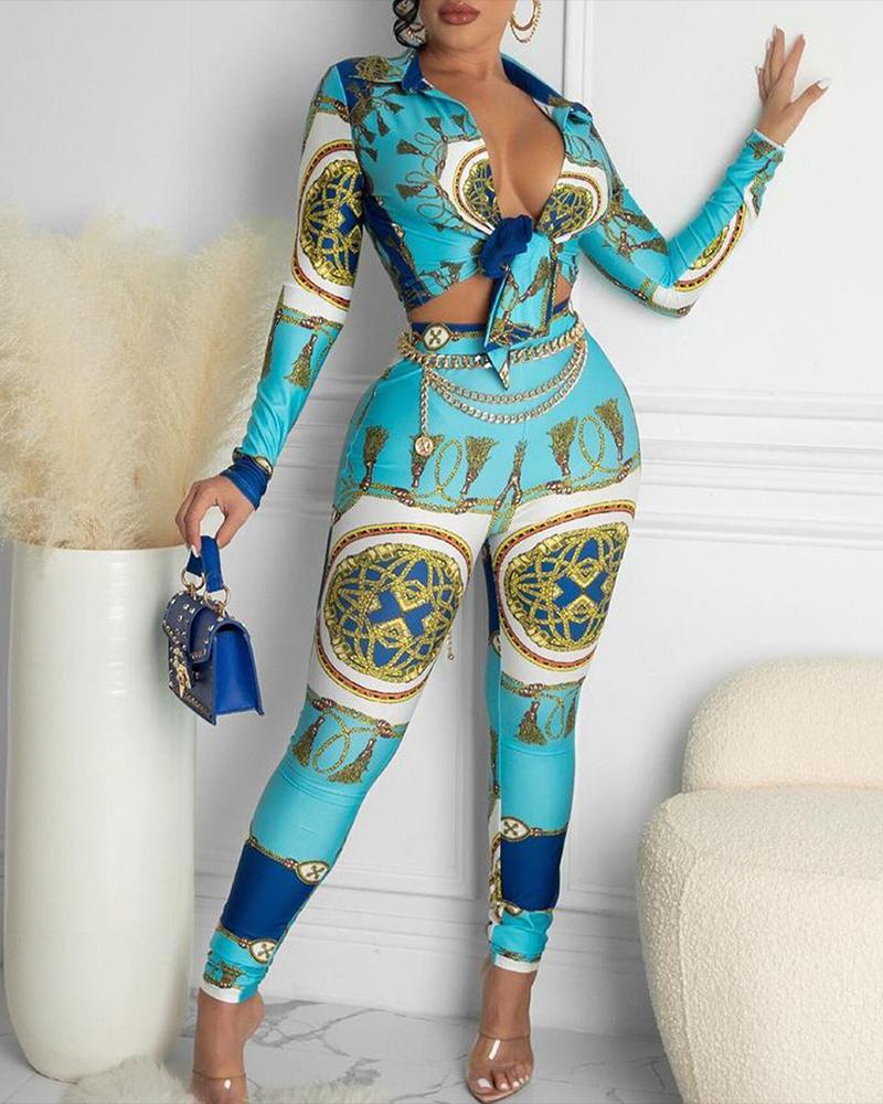 

Scarf Print Knot Front Crop Top & Skinny Pants Set, Blue