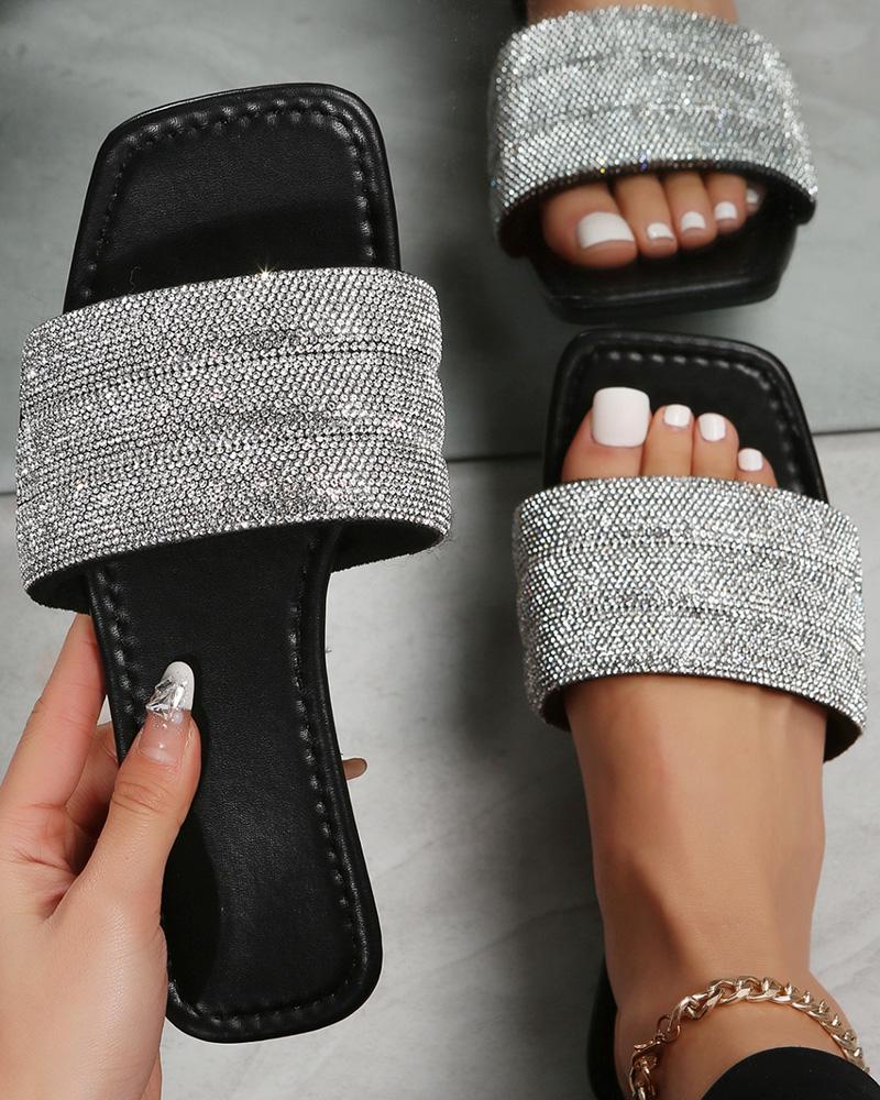 

Rhinestone Wide Strap Square Toe Slippers, Black