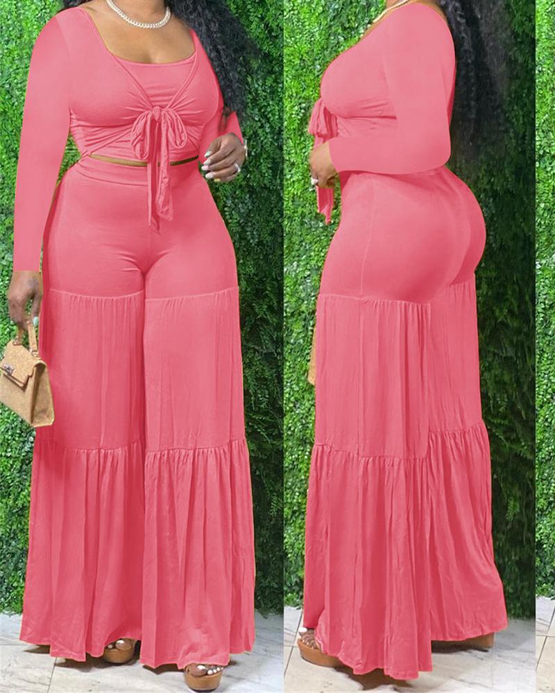 

Solid Knot Front Crop Top & Wide Leg Pants Set, Pink