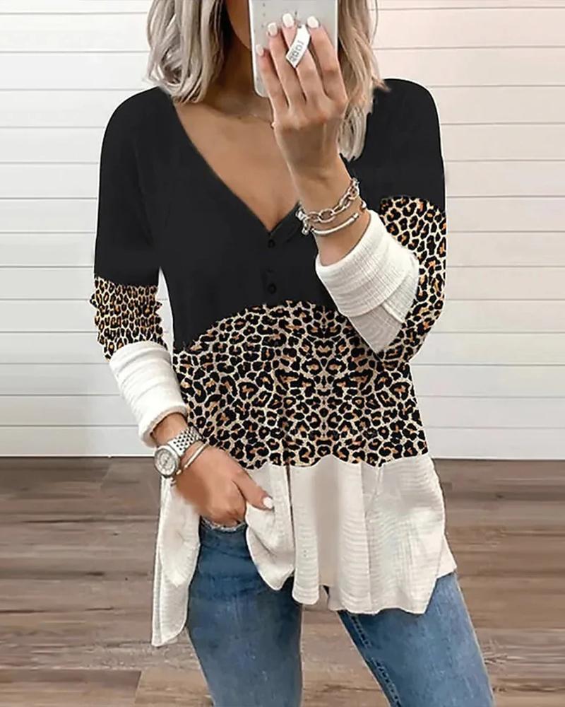 

Contrast Leopard Colorblock Long Sleeve Top, Black