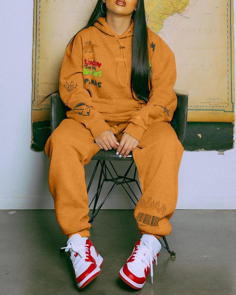 

Letter Print Hooded Top & Pants Set, Yellow