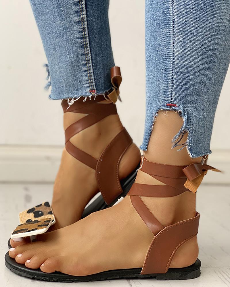 

Leopard Print Toe Ring Lace-Up Flat Sandals, Brown