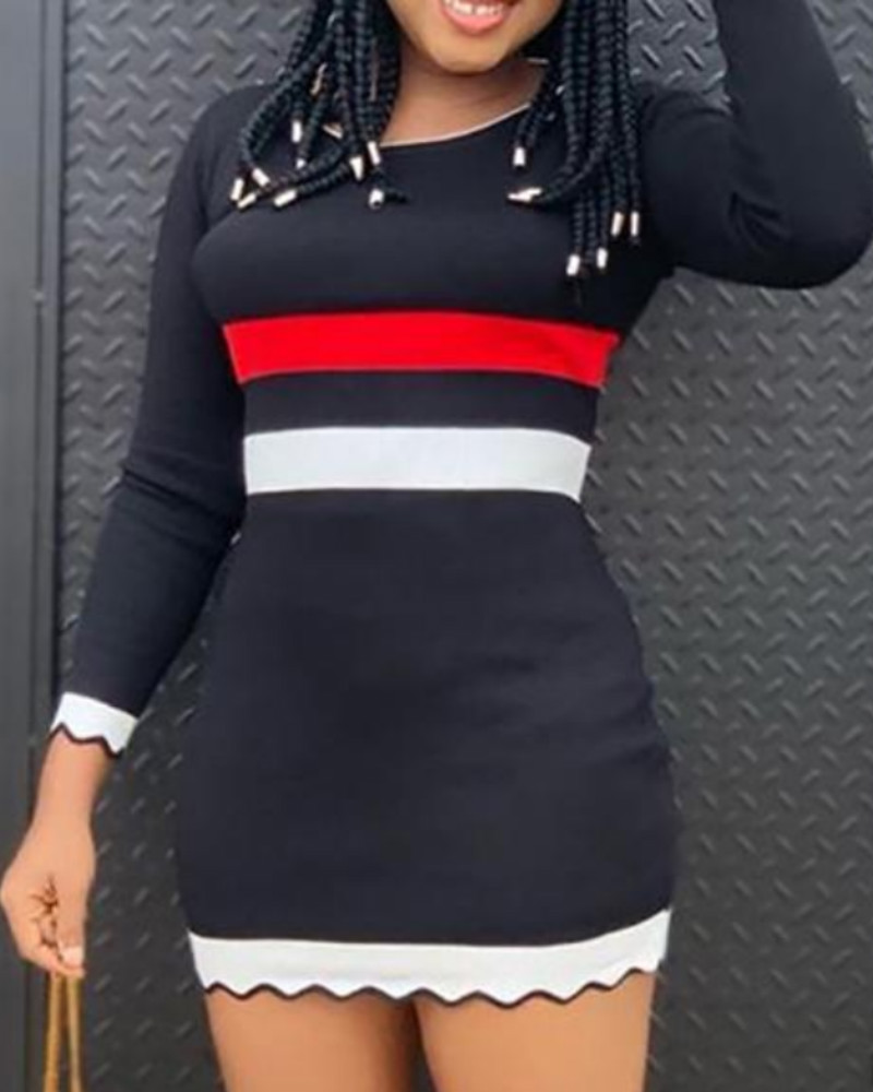 

Striped Contrast Color Long Sleeve Bodycon Women Dress, Black