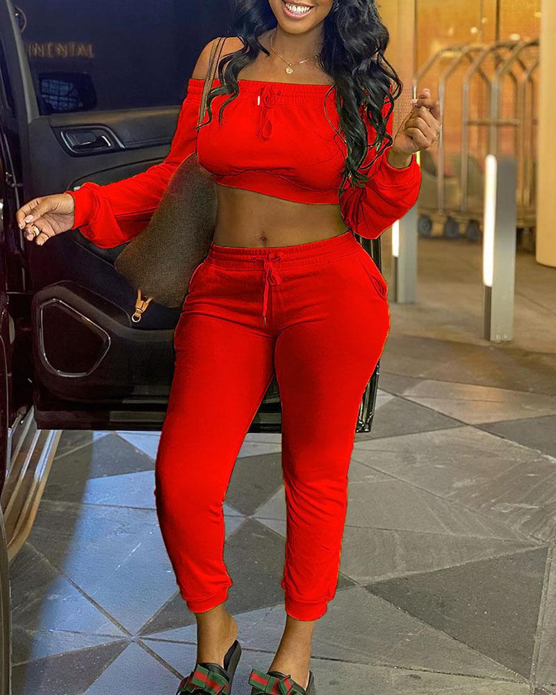 

Solid Off Shoulder Crop Top & Drawstring Pants Set, Red