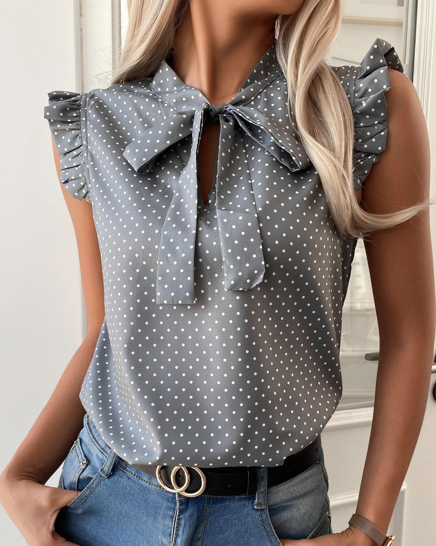 

Tie Neck Polkadot Print Ruffles Top, Gray