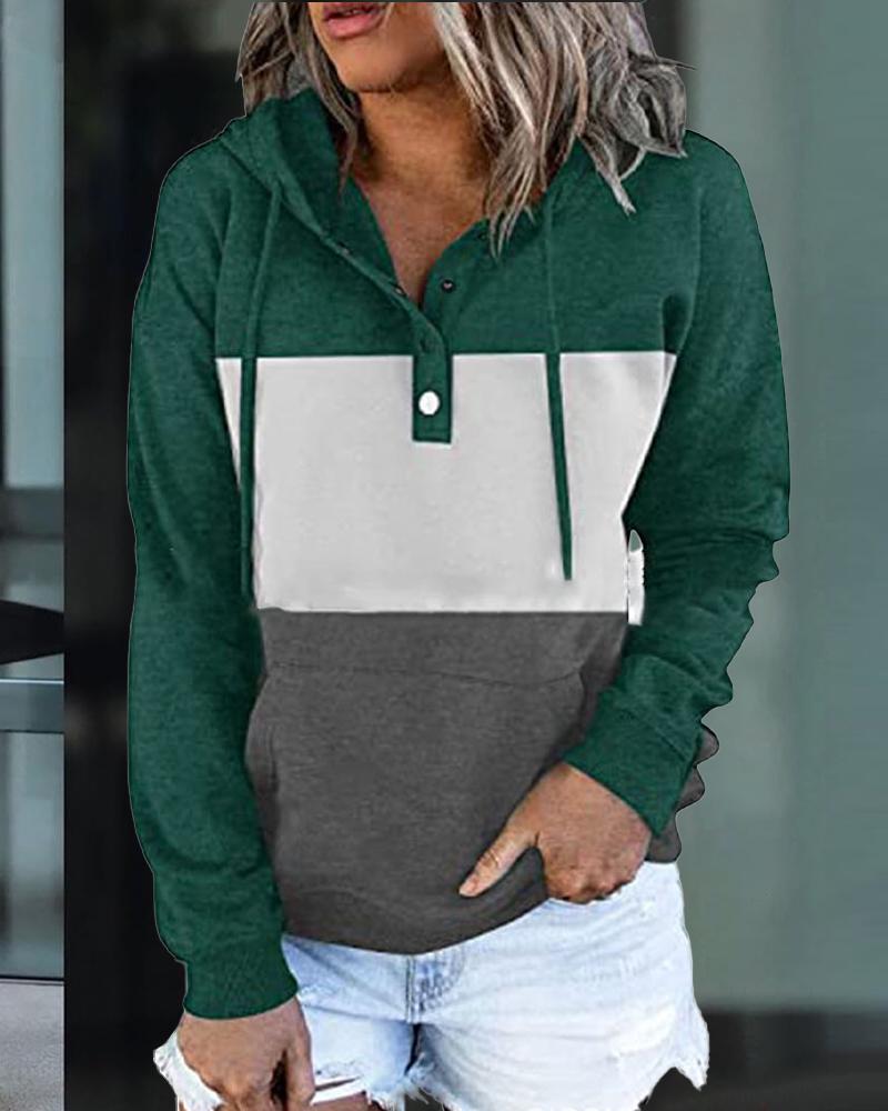 

Color Block Long Sleeve Button Front Drawstring Hoodie, Green