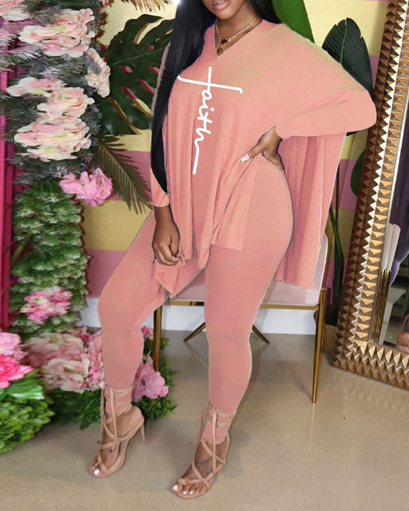

Letter Print Slit Top & High Waist Pants Set, Apricot