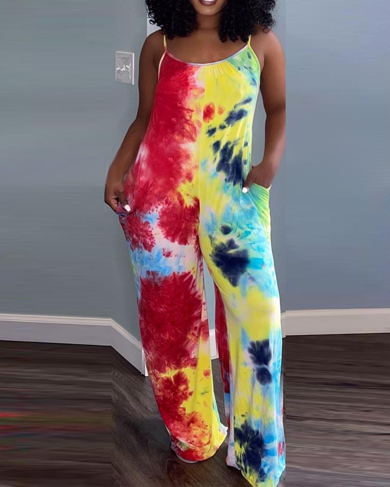 

Tie Dye Print Spaghetti Strap Jumpsuit, Multicolor