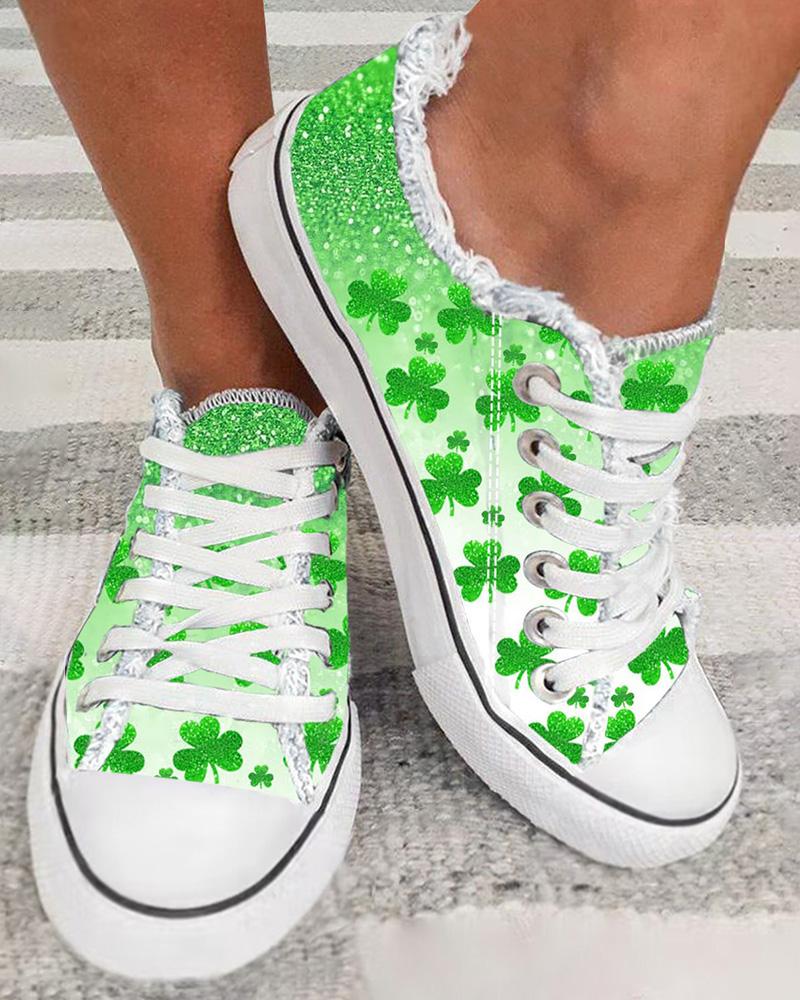 

St. Patrick's Day Clover Print Ombre Fringe Hem Canvas Sneakers, White&green