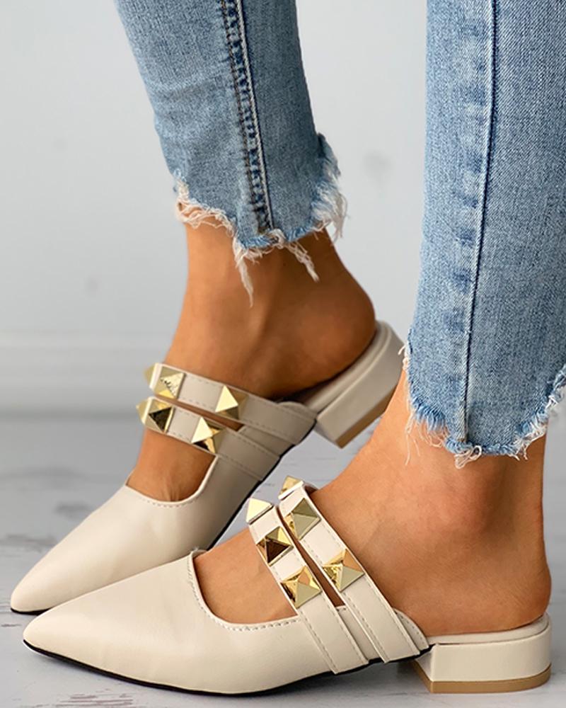 

Double Strap Rivet Pointed Toe Slip-on Flats, Beige