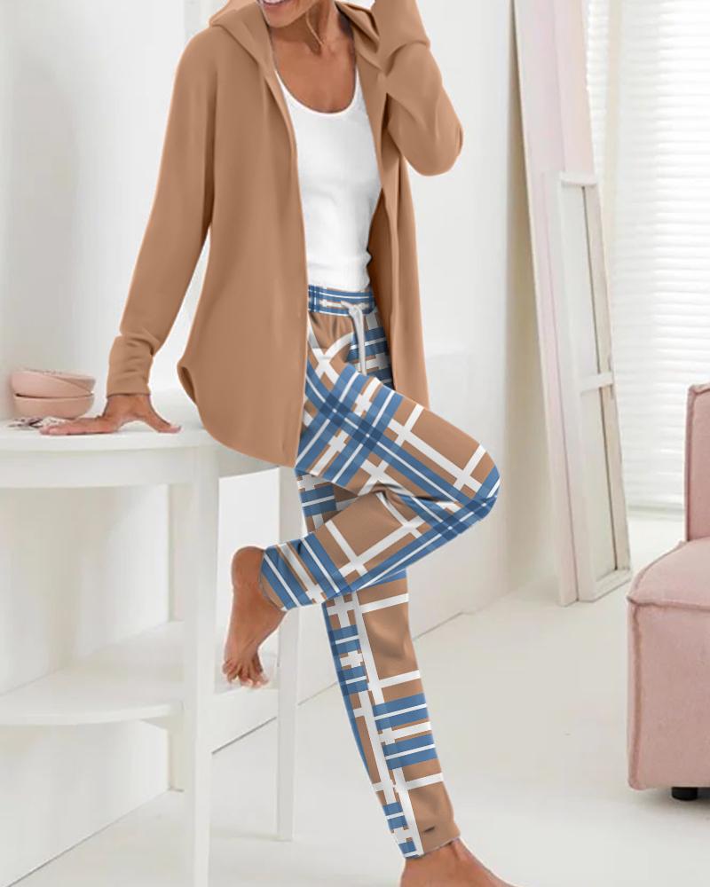 Long Sleeve Hooded Top & Plaid Print Drawstring Pants Set