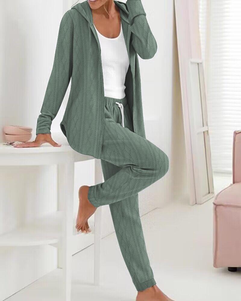 

Cable Textured Hooded Top & Drawstring Pants Set, Green