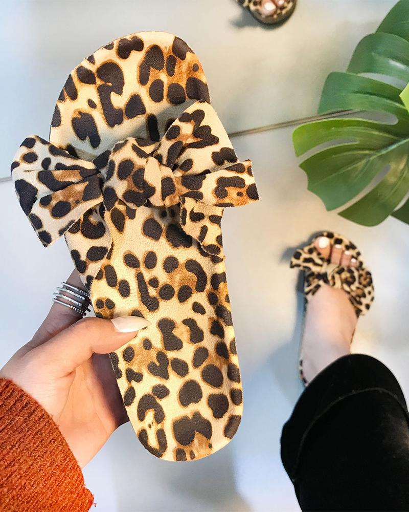 

Leopard Bowknot Open-toe Flat Sandals, Khaki