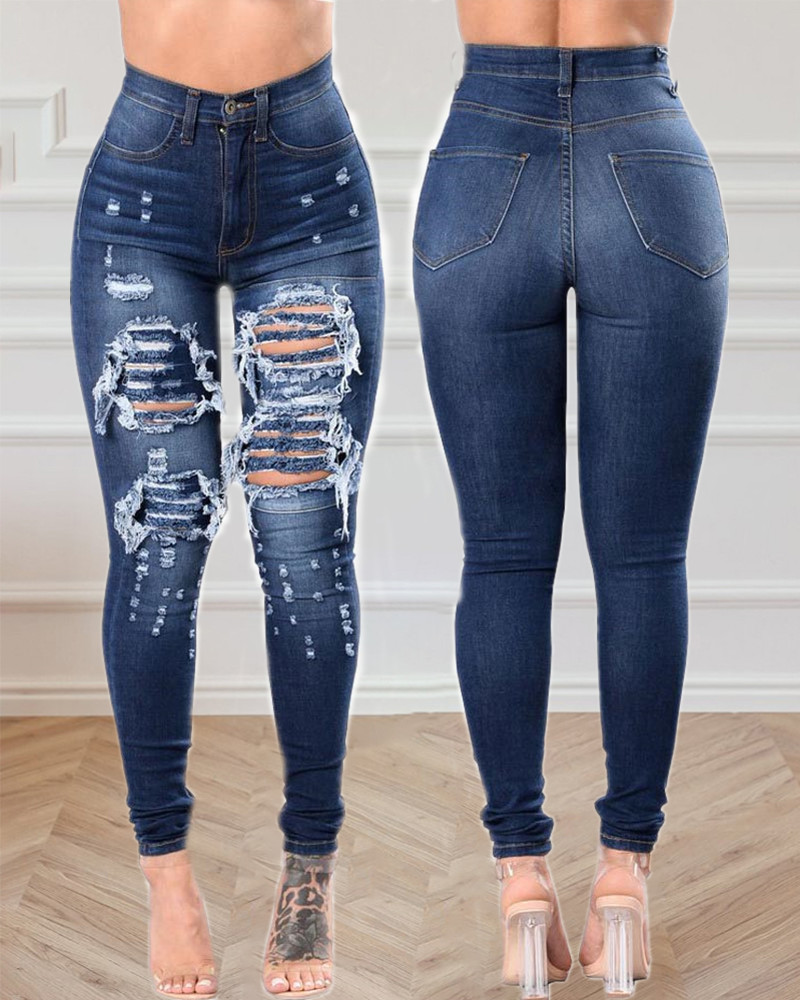 

Ripped Cutout High Waist Pocket Design Jeans, Blue