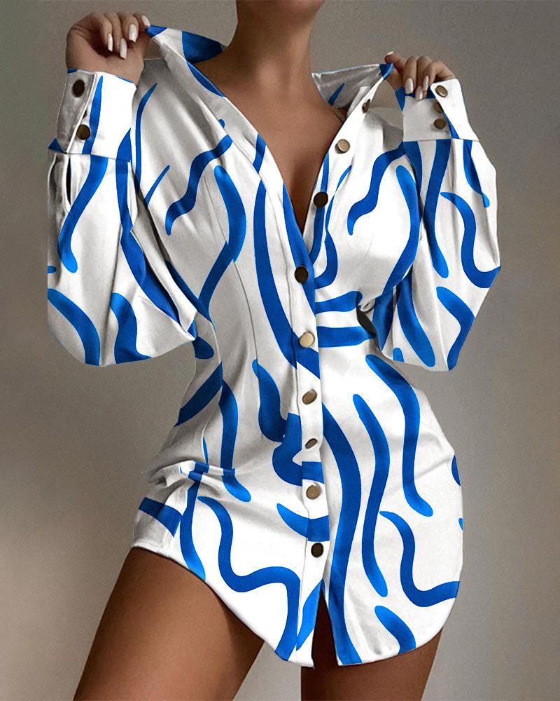 

Abstract Print Long Sleeve Button Front Shirt Dress, Blue