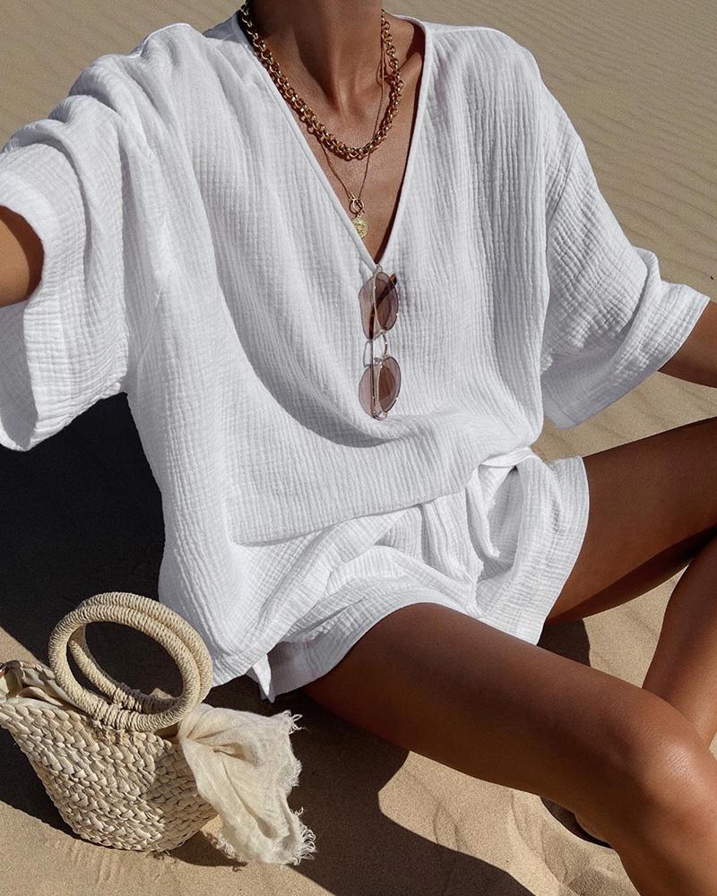 

Plain V-Neck Half Sleeve Top & Shorts Set, White