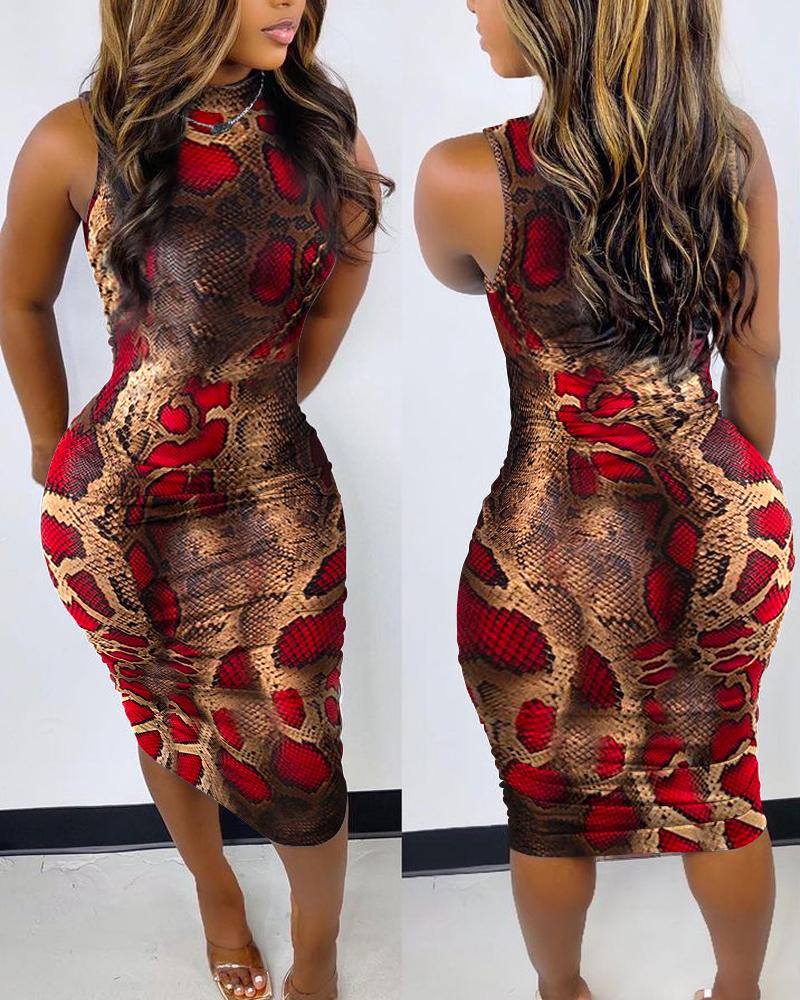 

Snakeskin Print Sleeveless Ruched Bodycon Dress, Red