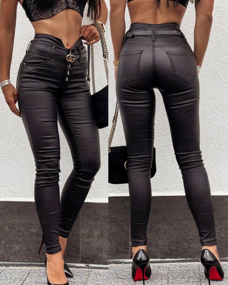 

PU Leather Button Fly Skinny Pants High Waist Elastic Trousers, Black