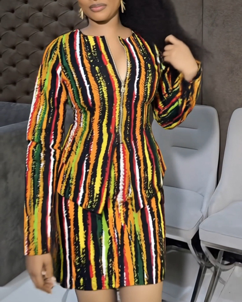

2 Pieces Outfit Multi-Color Striped Bell Sleeve Zip Up Slit Cinched Waist Top and Bodycon Skirt Set, Multicolor