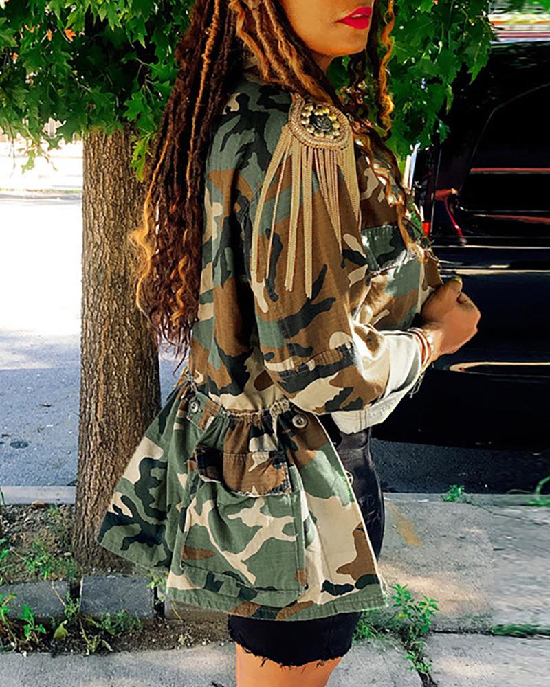 

Camouflage Print Pocket Design Irregular Coat, Army green