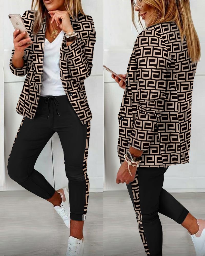 

Geometric Print Blazer Coat & Drawstring Pants Set, Black