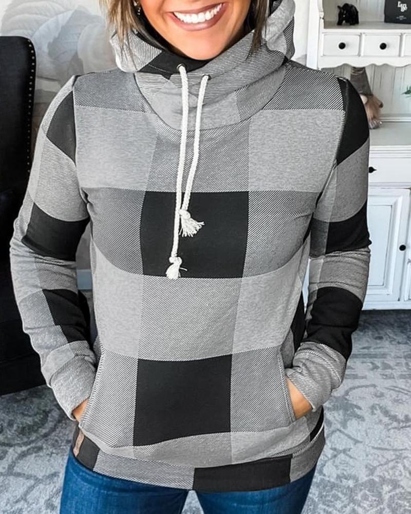 

Plaid Print Pocket Design Hoodie, Gray