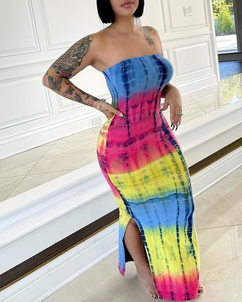 

Tie Dye Print Split Hem Bandeau Casual Dress, Multicolor