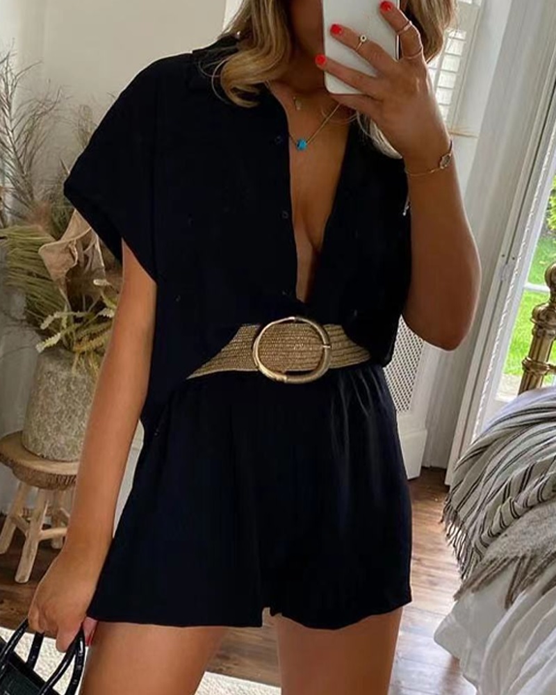 

Buttoned Short Sleeve Shirt & Drawstring Shorts, Black