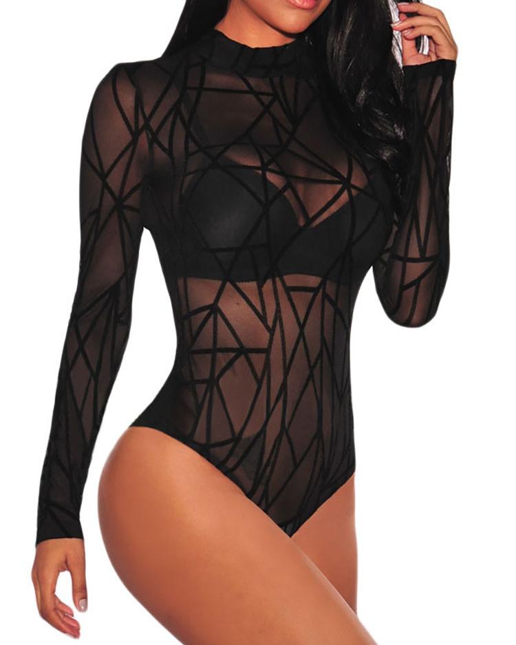 

Plus Size Sheer Mesh Geometric Bodysuit, Black