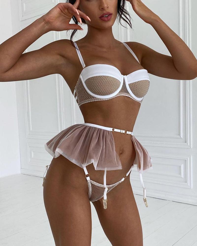 

3PCS Fishnet Sheer Mesh Garter Lingerie Set, White