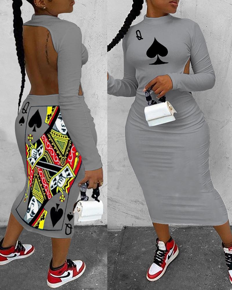 

Poker Print Backless Long Sleeve Dress, Gray