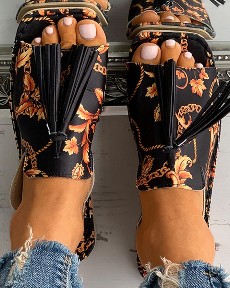 

Scarf Print Tassel Design Square Toe Flat Sandals, Black