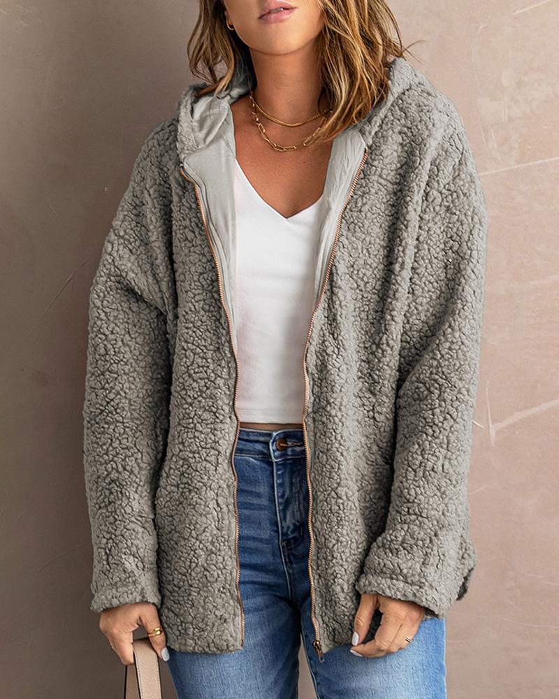 

Zipper Front Long Sleeve Hooded Teddy Coat, Gray