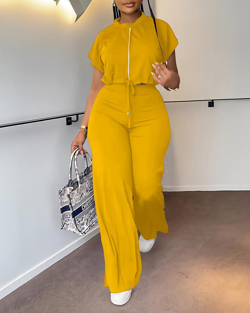 

Contrast Paneled Drawstring Top & Pants Set, Yellow