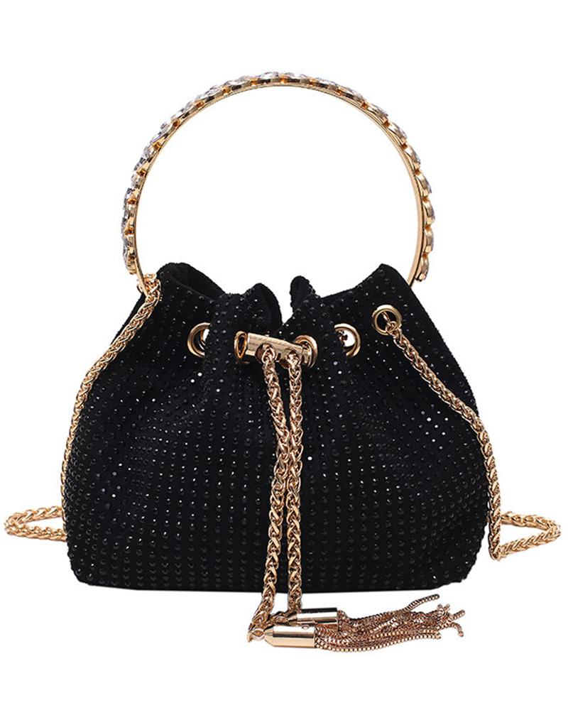 Bolso de moda de cubo con cordón de cadena de diamantes de imitación