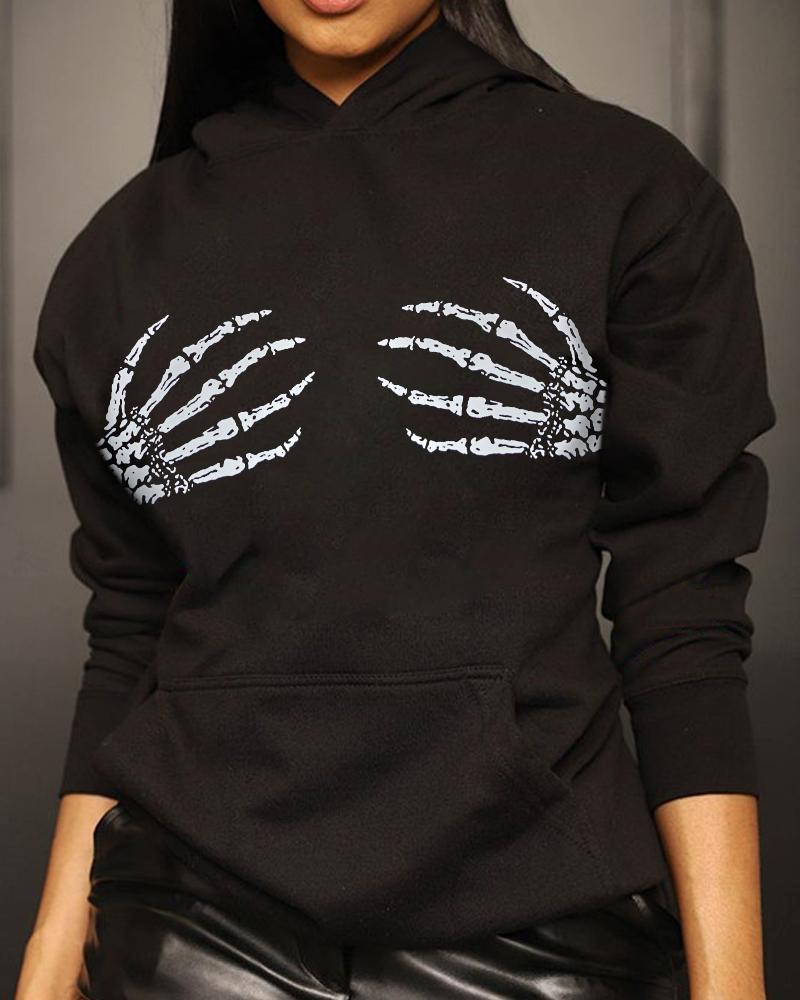 

Halloween Skeleton Hands Print Pocket Design Hoodie, Black