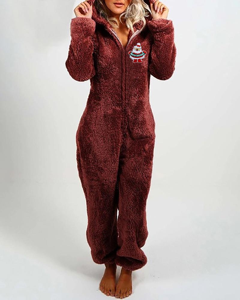 

Christmas Santa Pattern Hooded Teddy Sleep Jumpsuit, Wine red