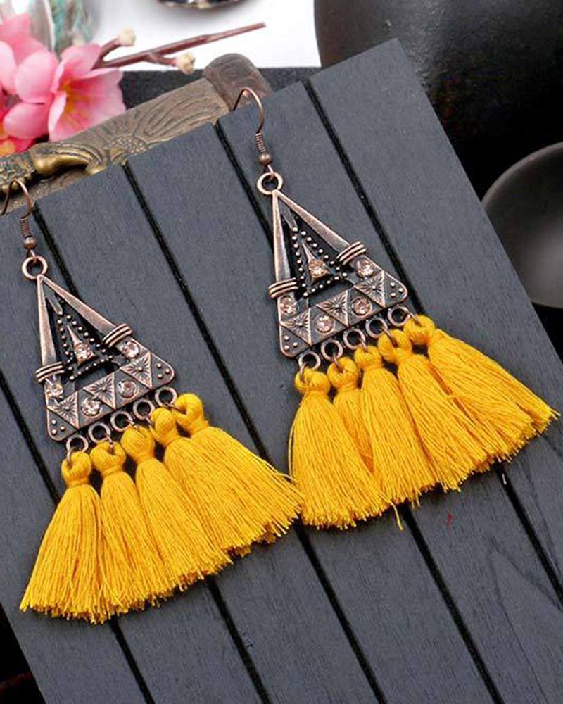 

1Pair Bohemian Ethnic Style Tribal Triangle Tassel Design Hook Earrings, Yellow