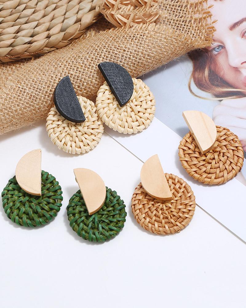 

1Pair Round Shaped Rattan Earrings, Green