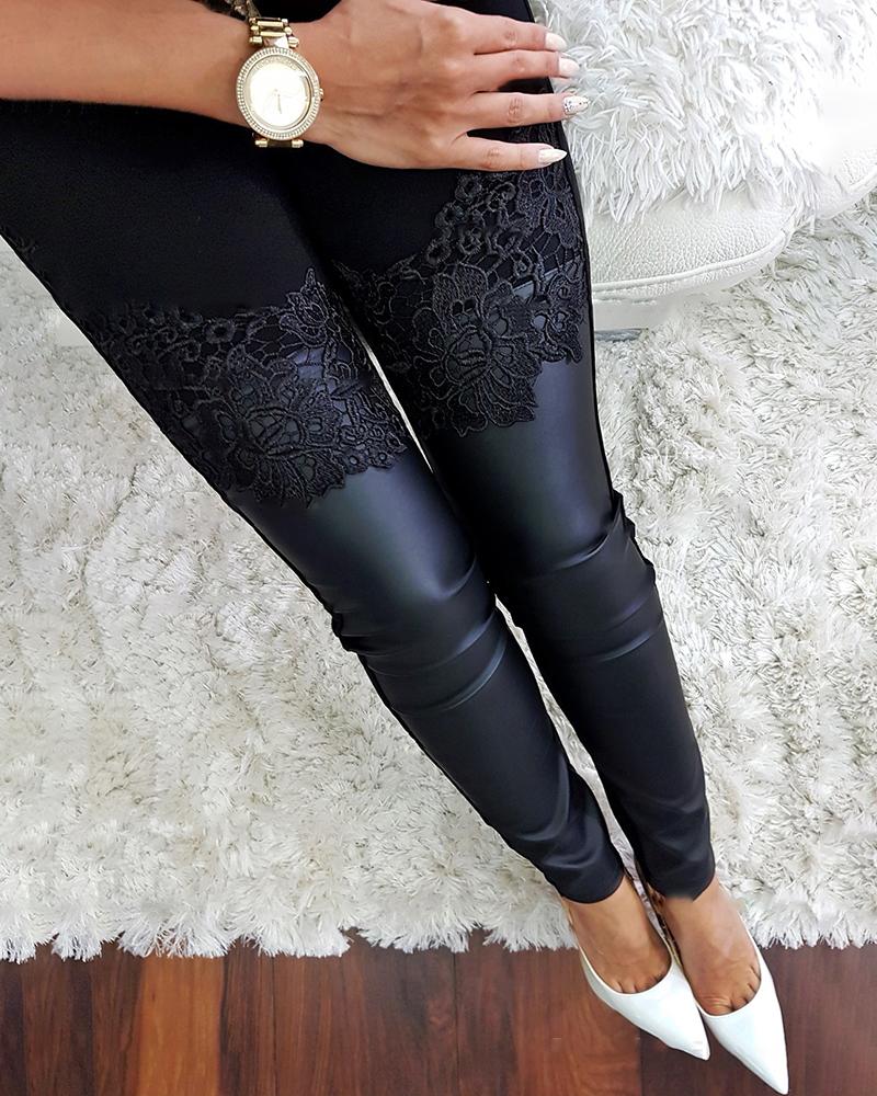 

Floral Applique Coated PU Insert Pants, Black