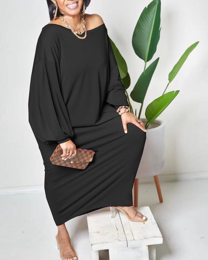 

Lantern Sleeve Slash Neck Casual Dress, Black