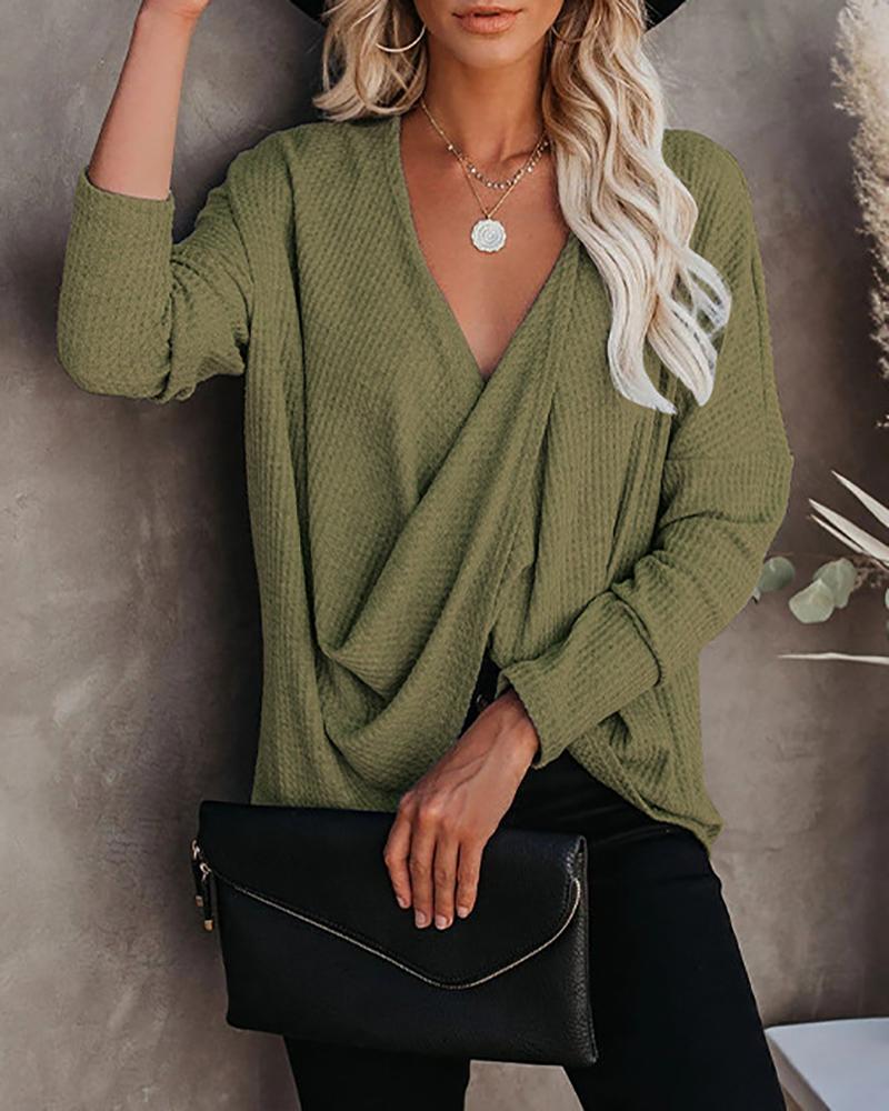 

V Neck Long Sleeve Ruched Casual Top, Green