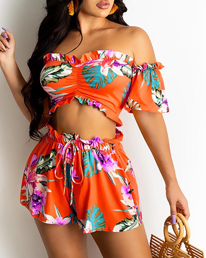 

Off Shoulder Floral Print Crop Top & Drawstring Shorts Set, Orange