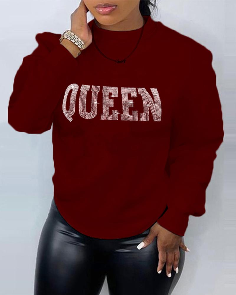 

Rhinestone Letter Queen Pattern O-Neck Sweatshirt, Wine red